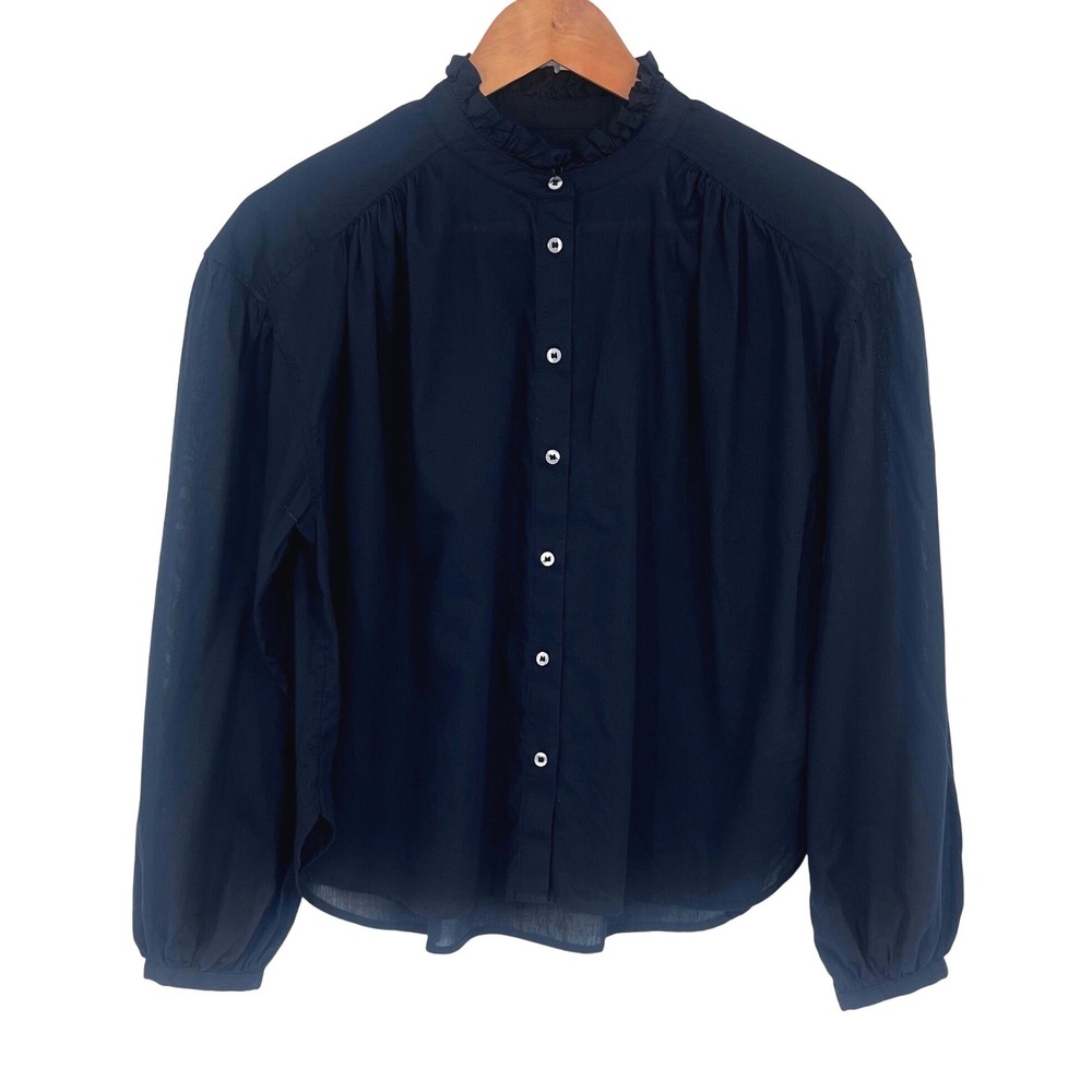 Gap Button Front Blouse Women Medium Petite Black Ruffle Neck Puff Victorian